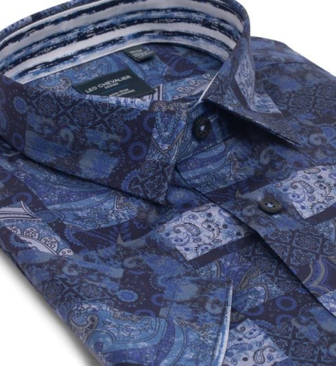 Leo Chevalier Design Dark Blue Printed Cotton Leo Chevalier Hidden Button Down Collar Short Sleeve Shirts