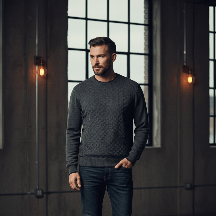 Leo Chevalier Design Dark Grey Crewneck Pullover Mens Sweater with Banded Bottom