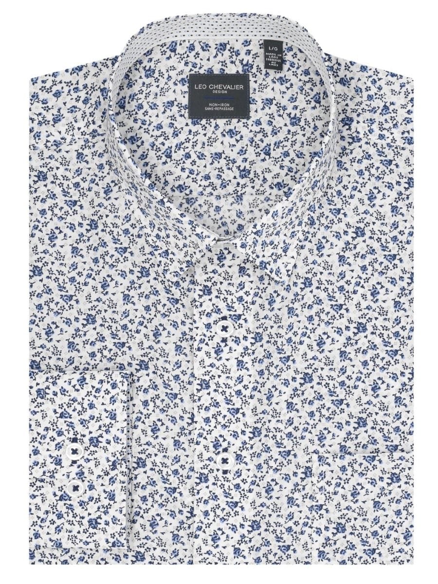 Leo Chevalier Design Fine Blue Print Shirt - Men's Contemporary Fit Non-Iron Cotton Elegance