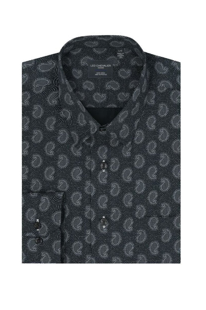 Leo Chevalier Design Navy Paisley Print Shirt Elegant 100% Cotton Non-Iron Perfection