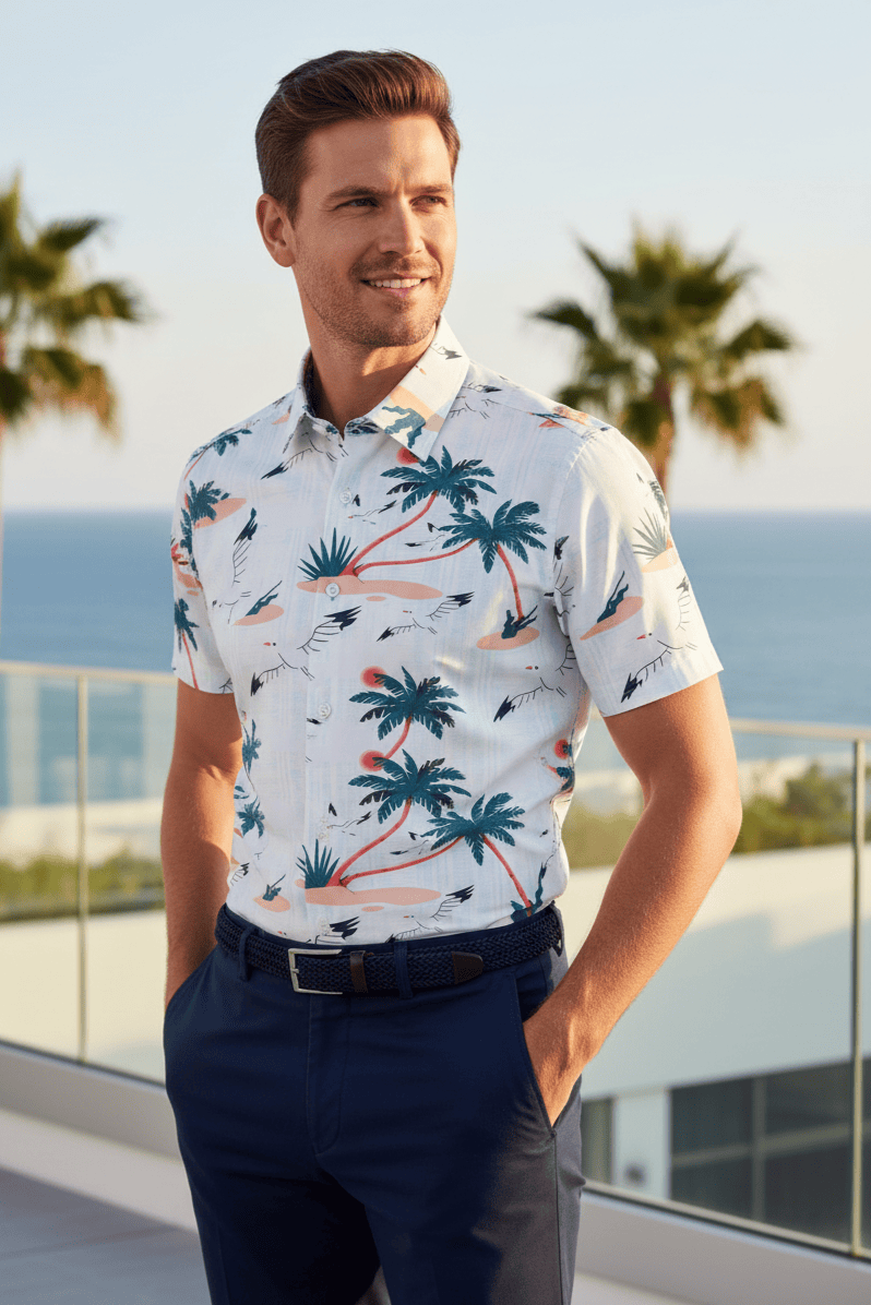 Leo Chevalier Design White Palm Print Men's Cotton Slim Fit Shirt