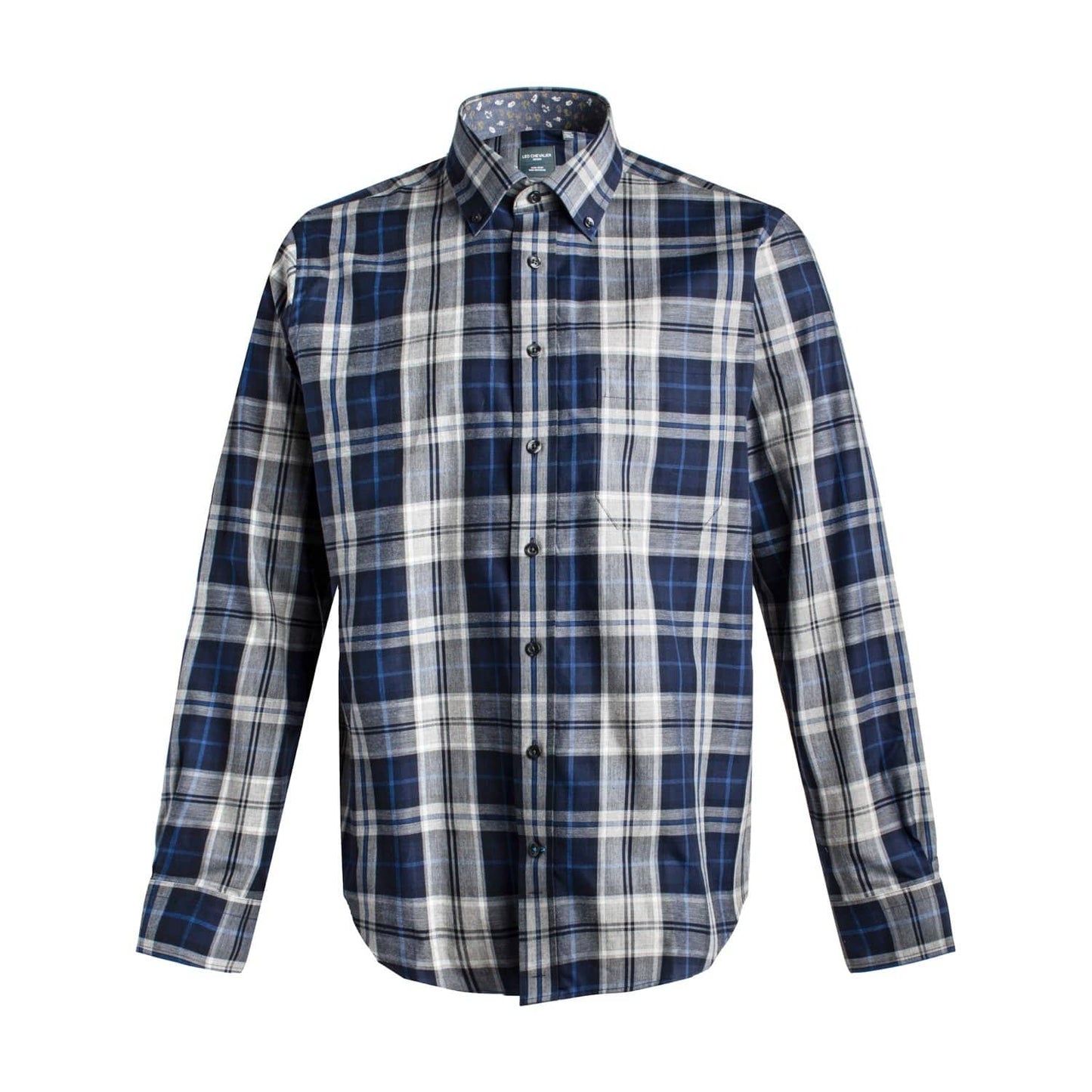 Leo Chevalier Design-L Sale Leo Chevalier Blue Check Cotton Button Down Collar Long Sleeve Shirts