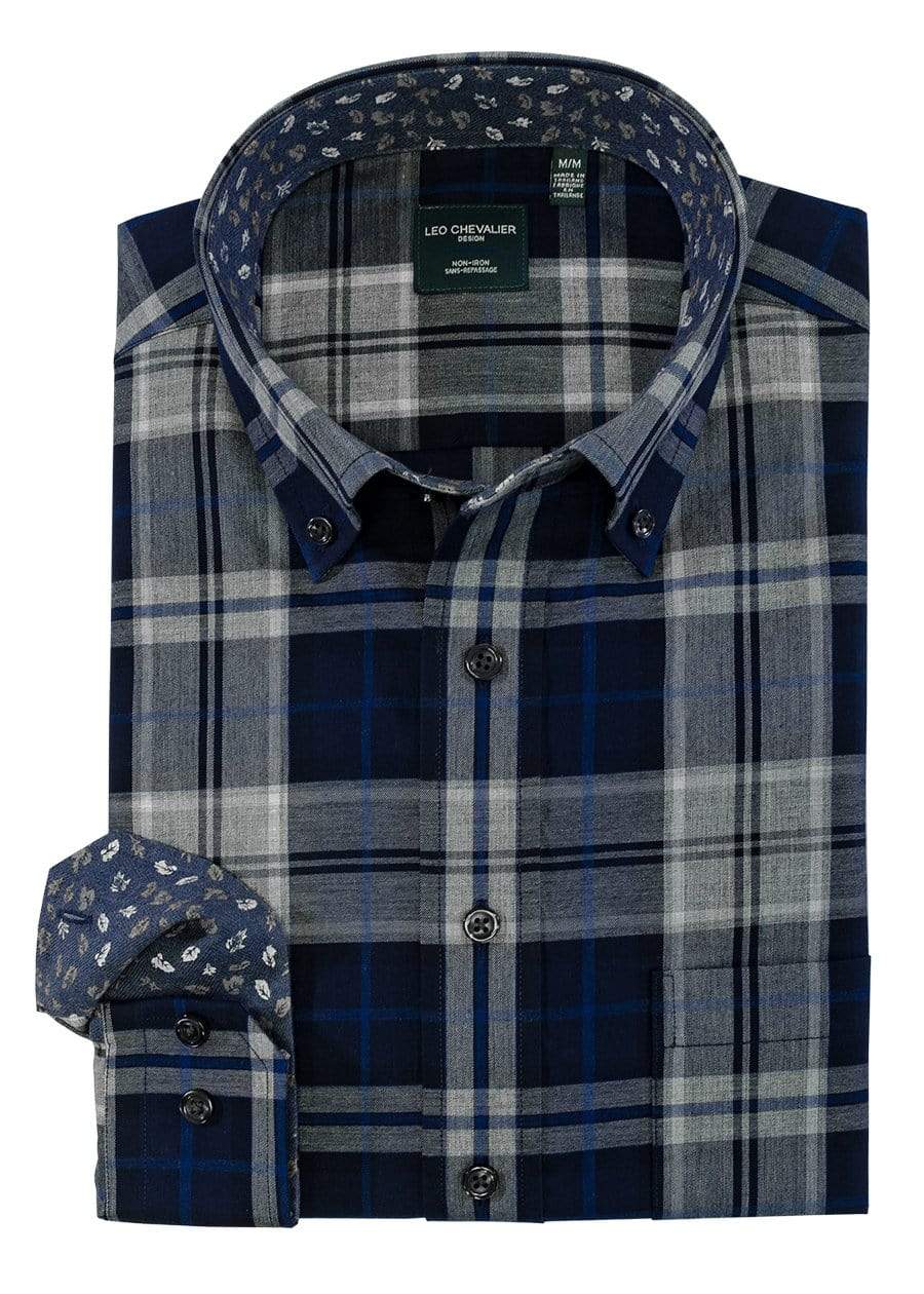 Leo Chevalier Design-L Sale Leo Chevalier Blue Check Cotton Button Down Collar Long Sleeve Shirts