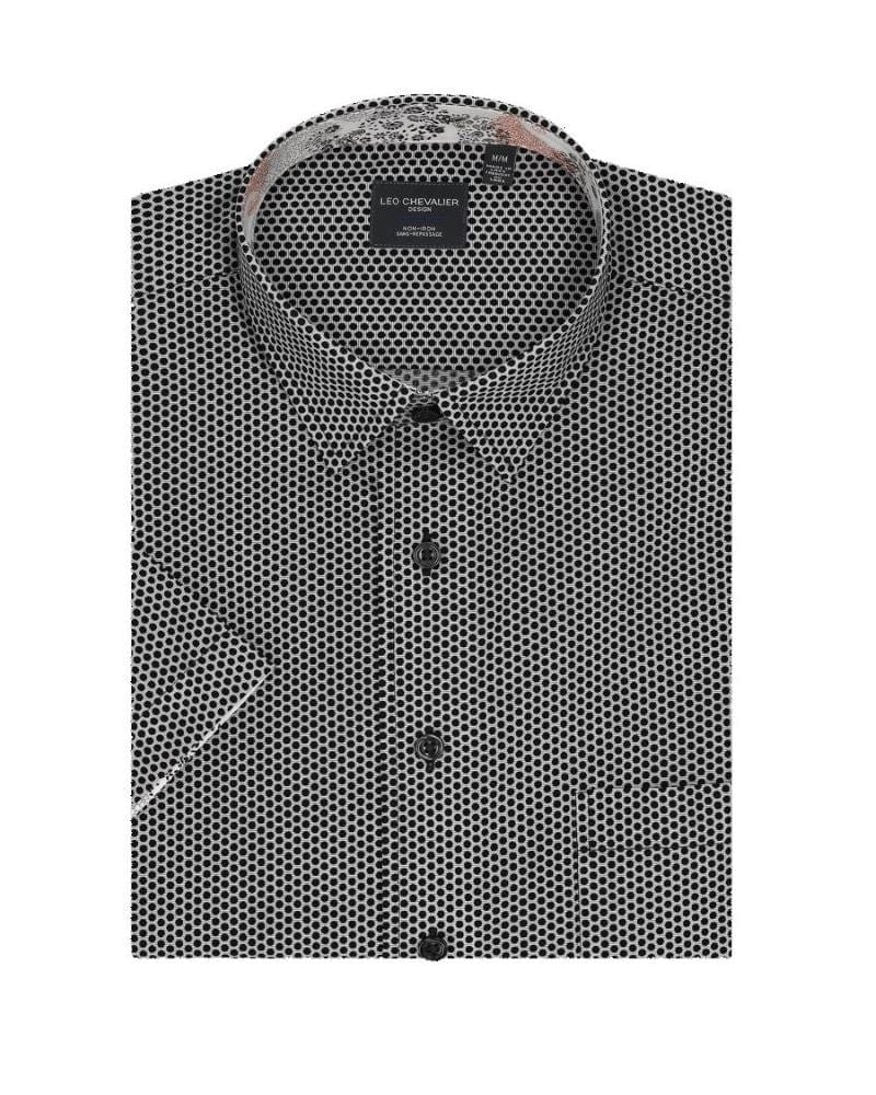 Leo Chevalier Design Black Printed Hidden Button Down Collar 100% Cotton Short Sleeve Shirts