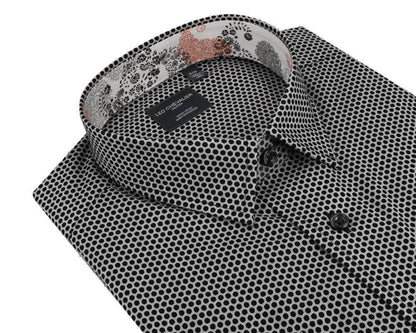 Leo Chevalier Design Black Printed Hidden Button Down Collar 100% Cotton Short Sleeve Shirts