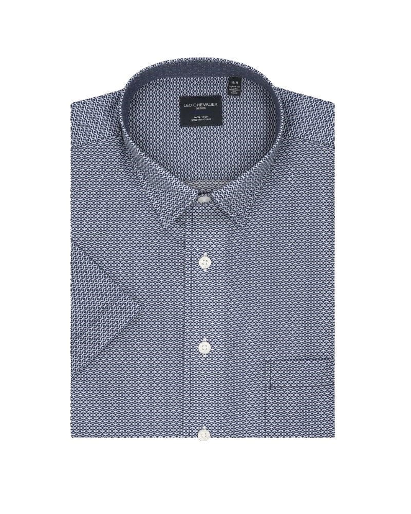 Leo Chevalier Design 100% Cotton Blue Printed Hidden Down Collar Cotton Short Sleeve Shirts