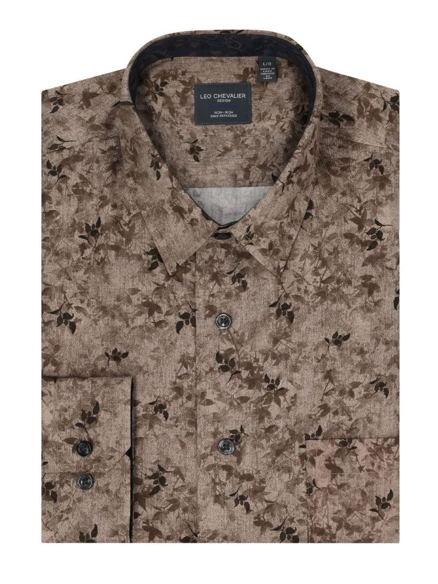 Leo Chevalier Design Elegant Oak Leaf Print Shirt, Earth Tones 100% Cotton Non-Iron Long Sleeve