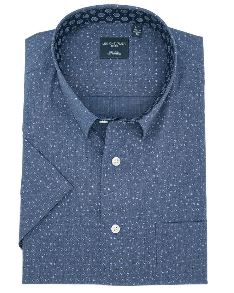 Leo Chevalier Design Grey Printed Hidden Down Collar 100% Cotton Short Sleeve Shirts