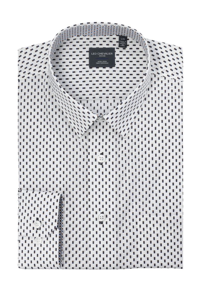 Leo Chevalier Design Elegant White Shirt, Black Print Design 100% Cotton Non-Iron Long Sleeve