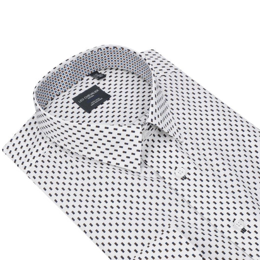 Leo Chevalier Design Elegant White Shirt, Black Print Design 100% Cotton Non-Iron Long Sleeve