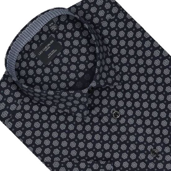 Leo Chevalier Design Navy Pattern Hidden Down Collar 100% Cotton Short Sleeve Shirts