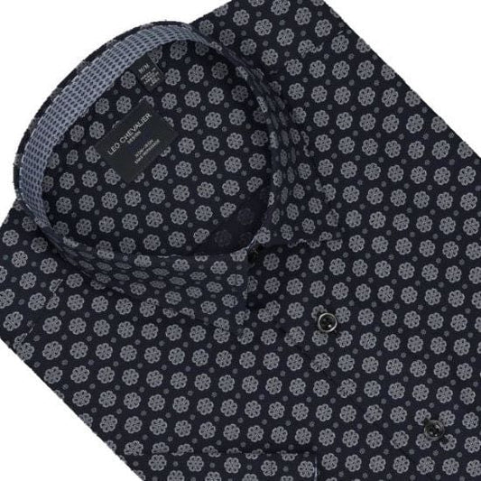 Leo Chevalier Design Navy Pattern Hidden Down Collar 100% Cotton Short Sleeve Shirts