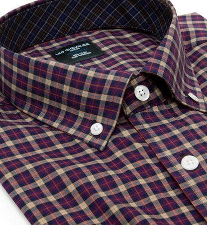 Leo Chevalier Design Leo Chevalier Purple Check Cotton Button Down Collar Long Sleeve Shirts