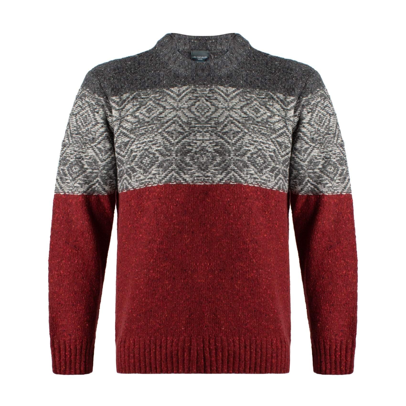 Leo Chevalier Design Red and tonal Grey Fair Isle Crewneck Sweater Made In Italy
