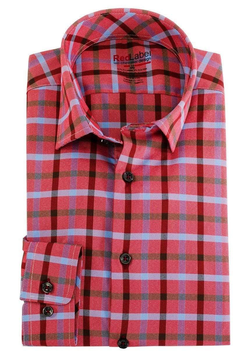 Leo Chevalier Design Leo Chevalier Voyage Performance Fitted Long Sleeve Red Plaid Dress Shirts