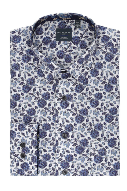 Leo Chevalier Design White with Bold Floral Blue Prints Cotton Long Sleeve Shirt