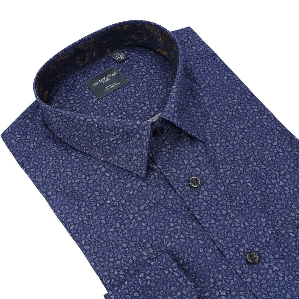 Leo Chevalier Design Navy Print Men's Casual Hidden Button Down Shirt