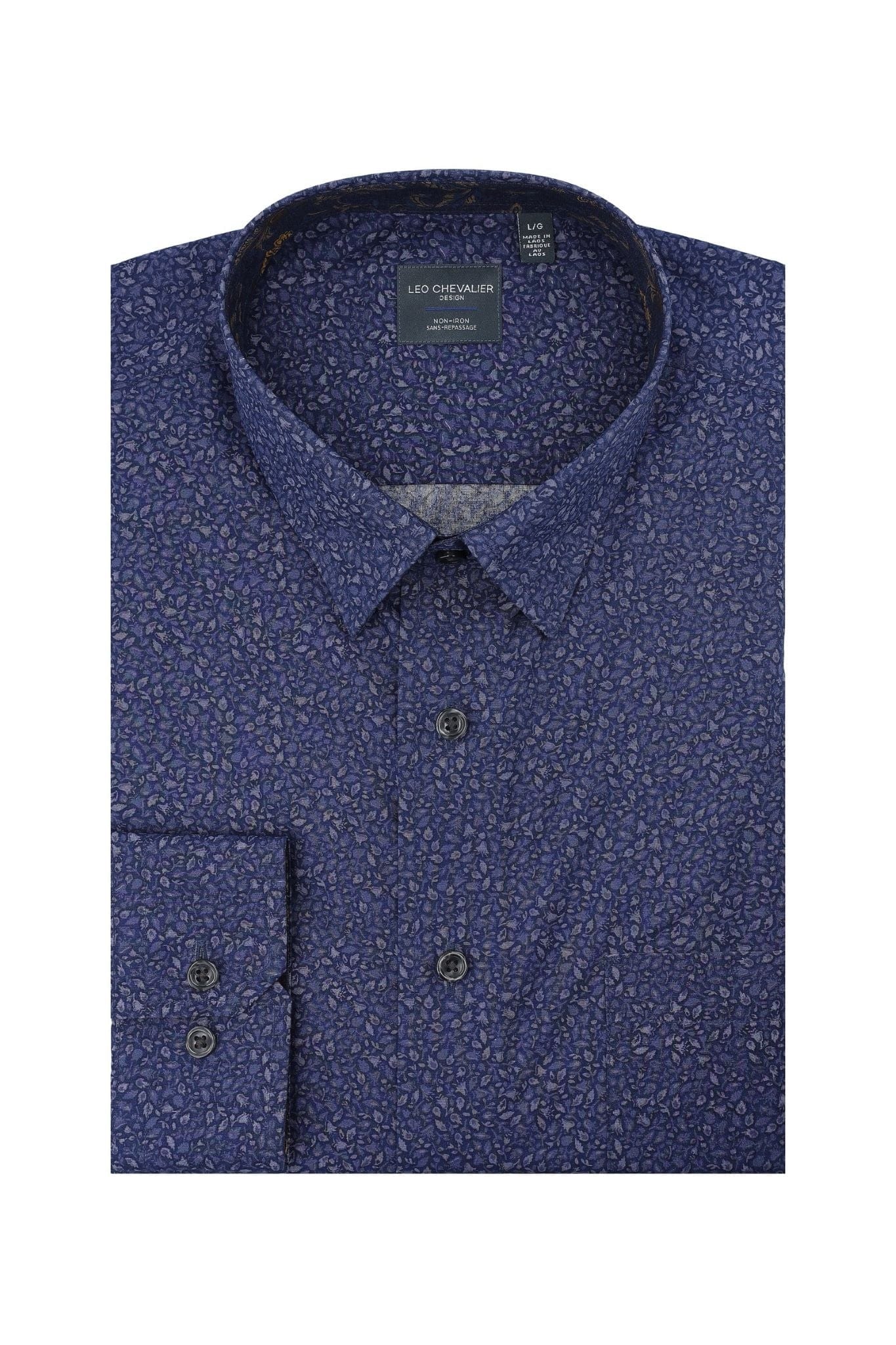 Leo Chevalier Design Navy Print Men's Casual Hidden Button Down Shirt