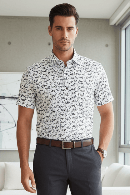 Leo Chevalier Design Black Print on White Hidden Button-Down Cotton Short Sleeve Shirt