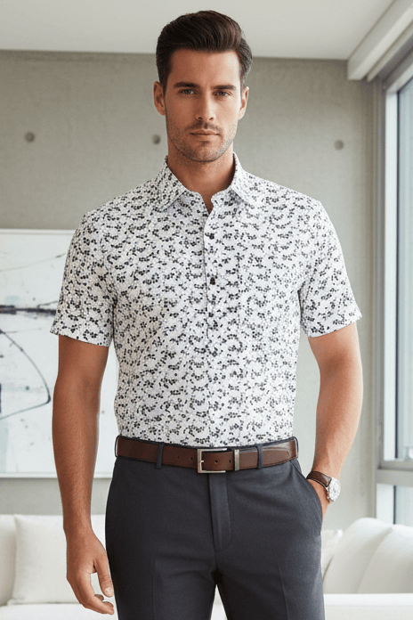 Leo Chevalier Design Black Print on White Hidden Button-Down Cotton Short Sleeve Shirt
