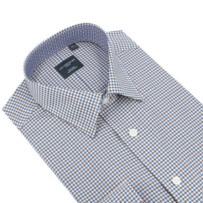 Leo Chevalier Design Stylish Sand Blue Check Slim Fit Non-Iron 100% Cotton Dress Shirt