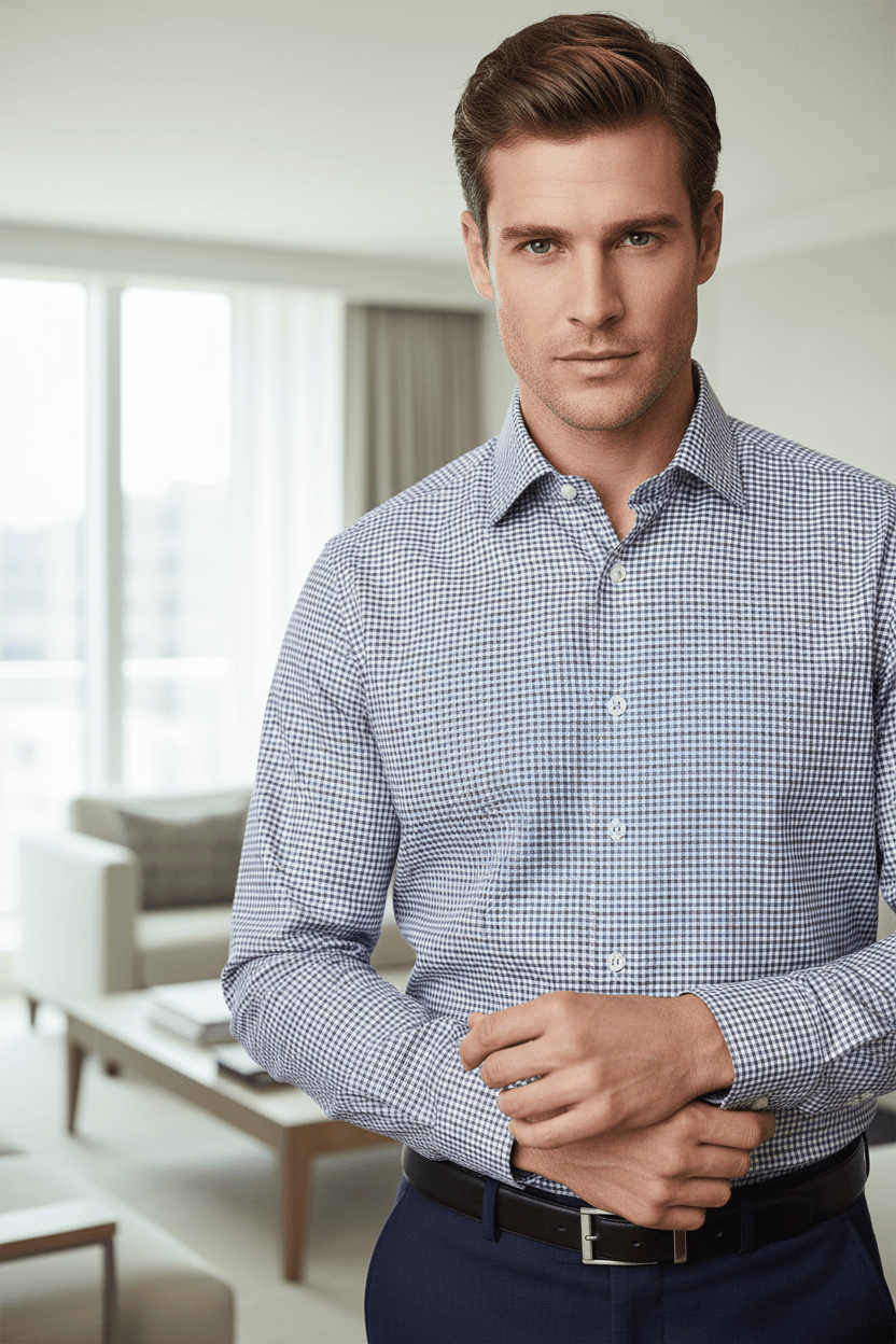 Leo Chevalier Design Stylish Sand Blue Check Slim Fit Non-Iron 100% Cotton Dress Shirt