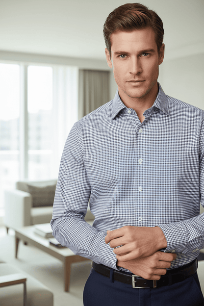 Leo Chevalier Design Stylish Sand Blue Check Slim Fit Non-Iron 100% Cotton Dress Shirt