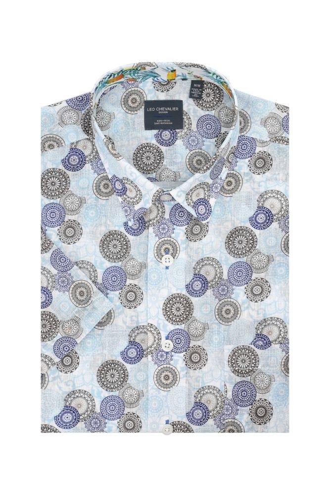Leo Chevalier Design Sky Blue Modern Print Men's Cotton Short Sleeve Shirt