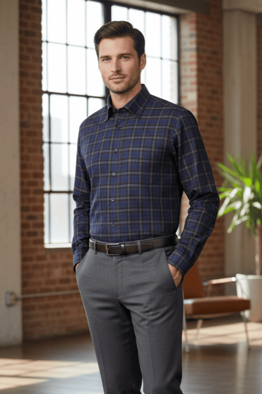 Leo Chevalier Design Cotton Navy Plaid Men's Button Down Long Sleeve Shirt