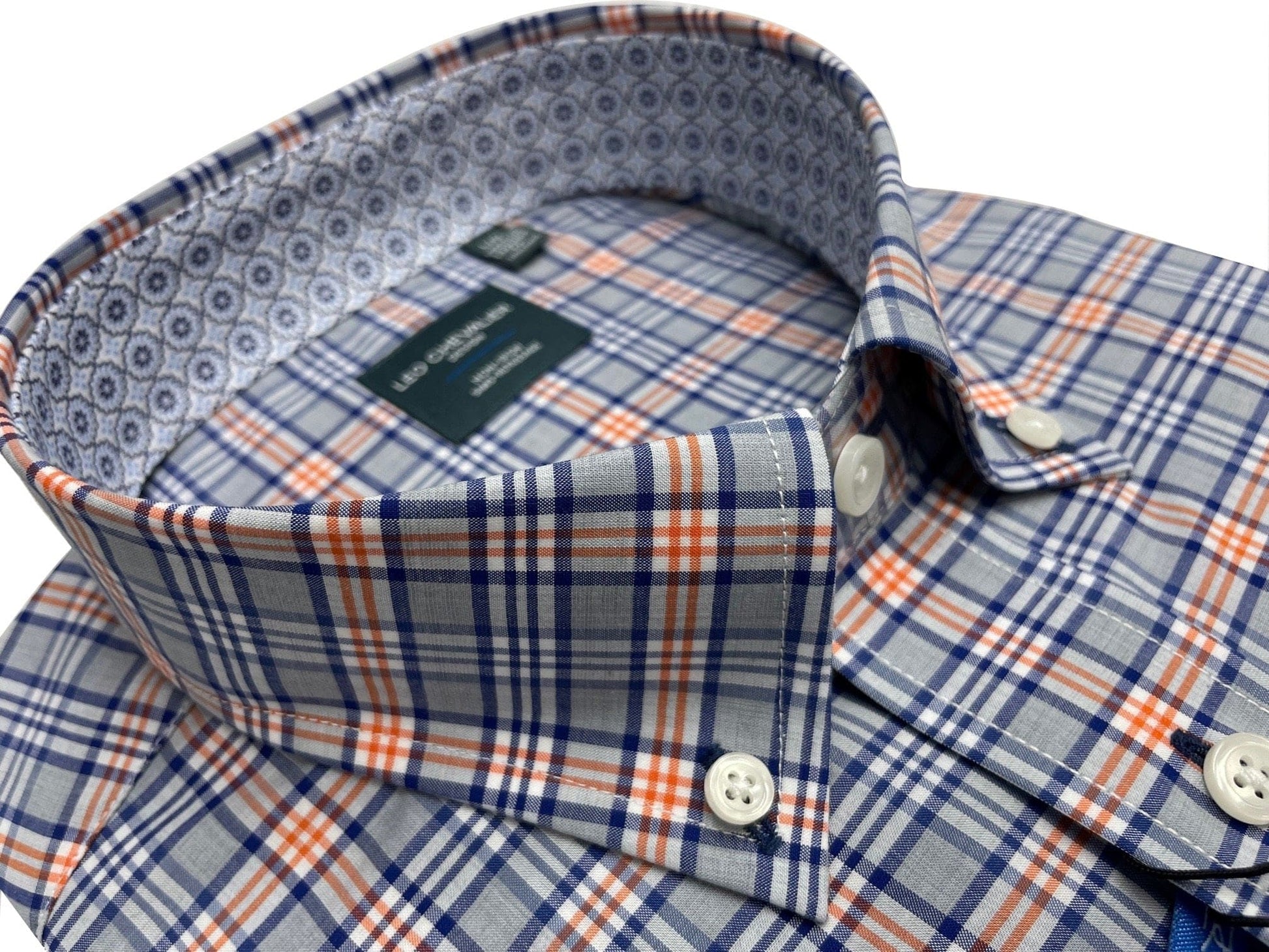 Leo Chevalier Design Orange Blue Check Leo Chevalier Cotton Button Down Collar Long Sleeve Shirts