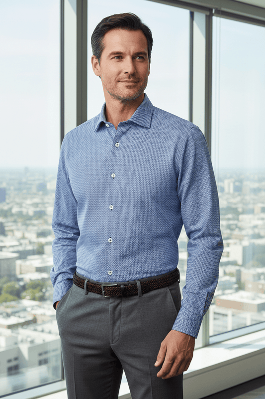 Leo Chevalier Design Non-Iron Blue Print Men's Dress Shirts