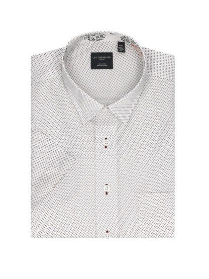 Leo Chevalier Design Red & Grey Print on White Leo Chevalier Hidden Down Collar Cotton Short Sleeve Shirts