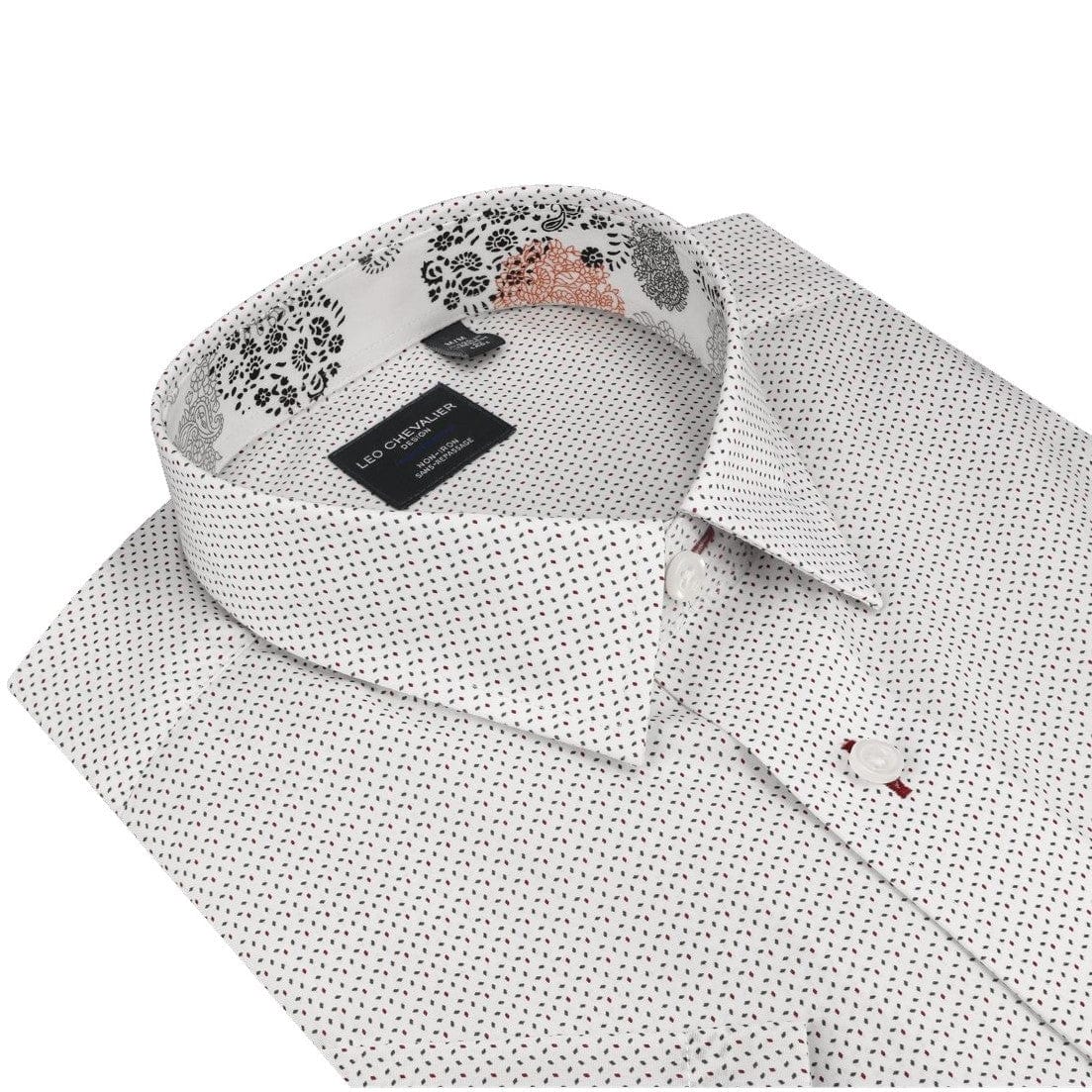 Leo Chevalier Design Red & Grey Print on White Leo Chevalier Hidden Down Collar Cotton Short Sleeve Shirts