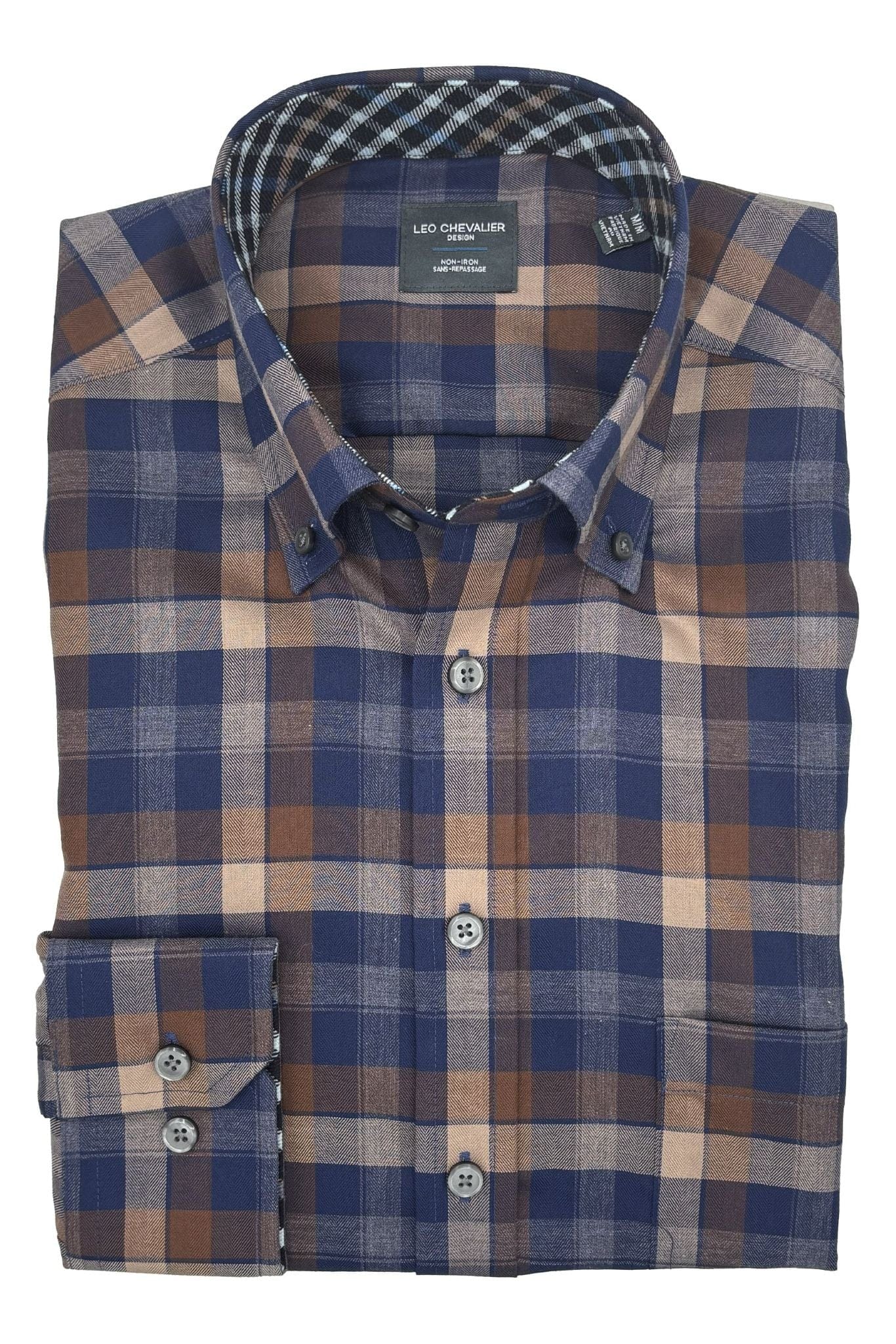 Leo Chevalier Design Blue Beige Plaid Hidden Button Down Long Sleeve Shirt