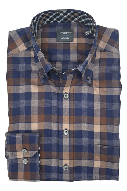 Leo Chevalier Design Blue Beige Plaid Hidden Button Down Long Sleeve Shirt
