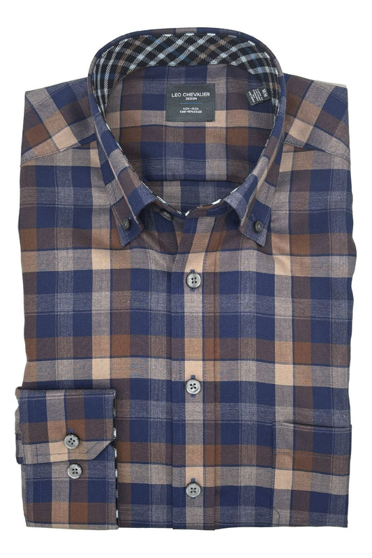 Leo Chevalier Design Blue Beige Plaid Hidden Button Down Long Sleeve Shirt