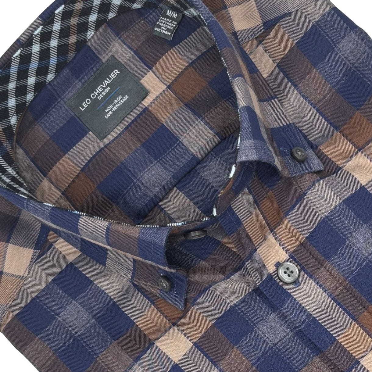 Leo Chevalier Design Blue Beige Plaid Hidden Button Down Long Sleeve Shirt