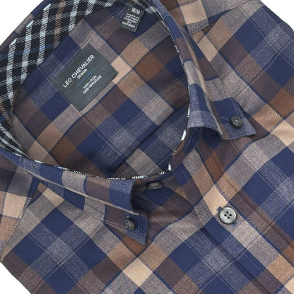 Leo Chevalier Design Blue Beige Plaid Hidden Button Down Long Sleeve Shirt