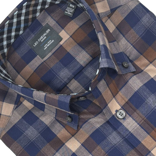 Leo Chevalier Design Blue Beige Plaid Hidden Button Down Long Sleeve Shirt