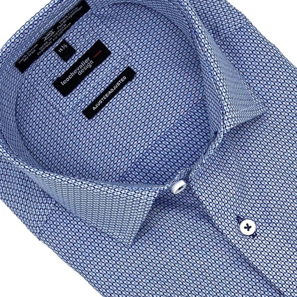Leo Chevalier Design Sleek Slim Fit Non-Iron Blue Print Dress Shirts