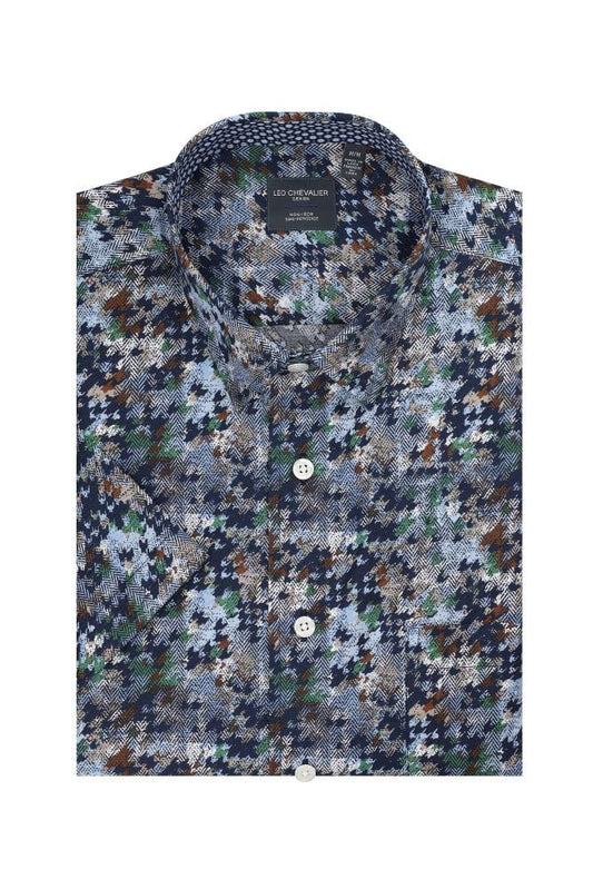 Leo Chevalier Design Blue Abstract Men's Short Sleeve Hidden Button Down Shirt