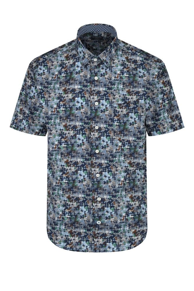 Leo Chevalier Design Blue Abstract Men's Short Sleeve Hidden Button Down Shirt