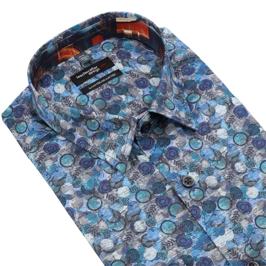 Leo Chevalier Design Stylish Multi Blue Modern Print Men's Long Sleeve Slim Fit Shirt