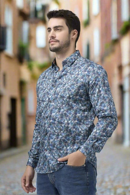 Leo Chevalier Design Stylish Multi Blue Modern Print Men's Long Sleeve Slim Fit Shirt