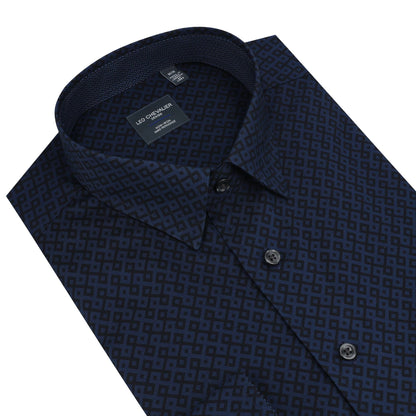 Leo Chevalier Design Navy Diamond Print Long Sleeve Sport Shirt