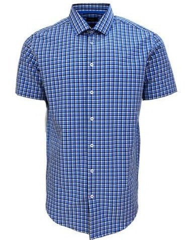 Leo Chevalier Design Voyage Performance Persian Blue Check Fitted Short Sleeve Shirts Leo Chevalier