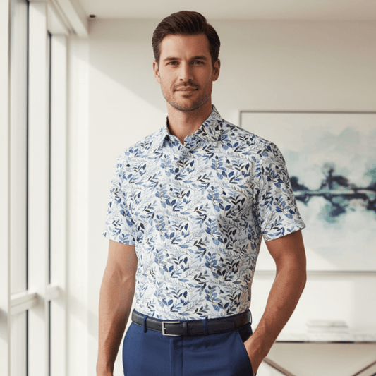 Leo Chevalier Design White Blue Print Button-Down Shirt for Men