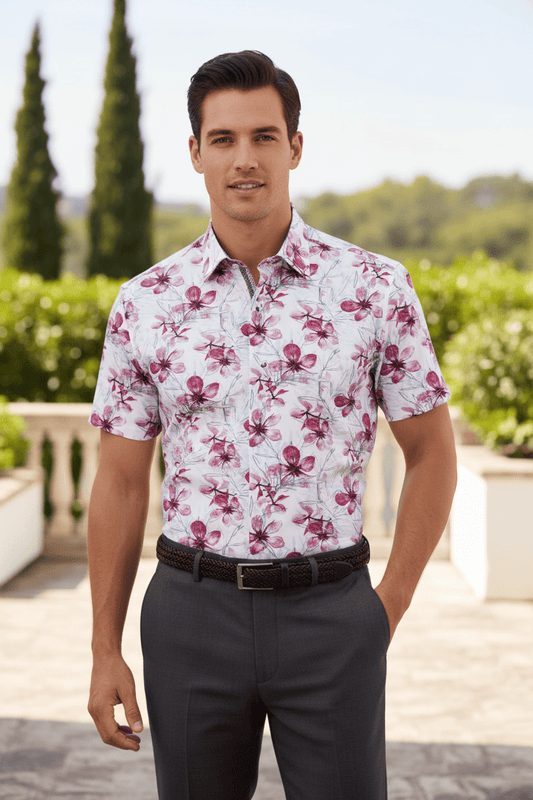 Leo Chevalier Design White Multi Wine Floral Men's Casual Short Sleeve Shirt