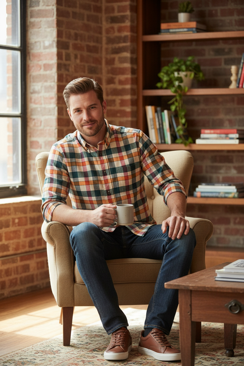 Lifestyle model photo of Viyella plaid shirt