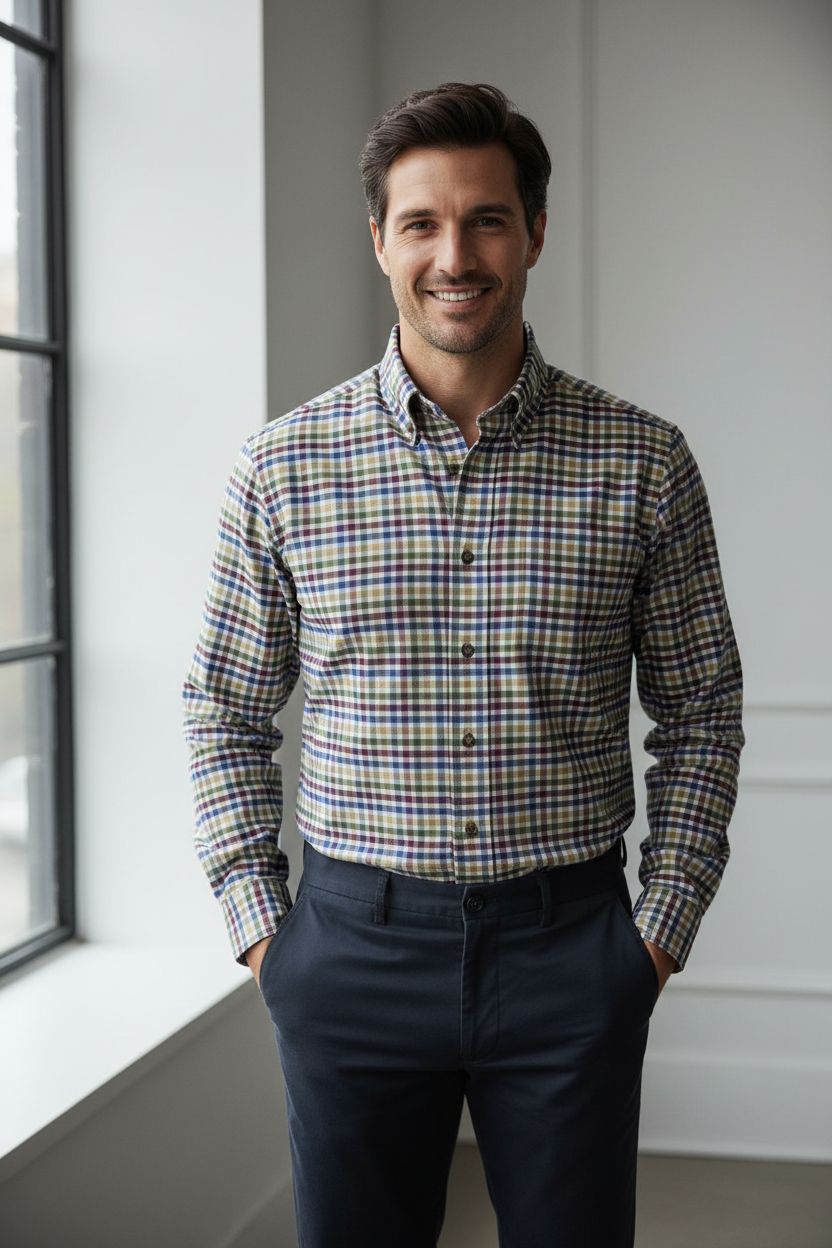 Multi Colored Gingham Men's Casual Long Sleeve Sport Shirt